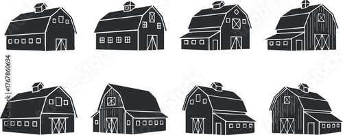 Collection of eight black and white barn illustrations showcasing various farm structures.