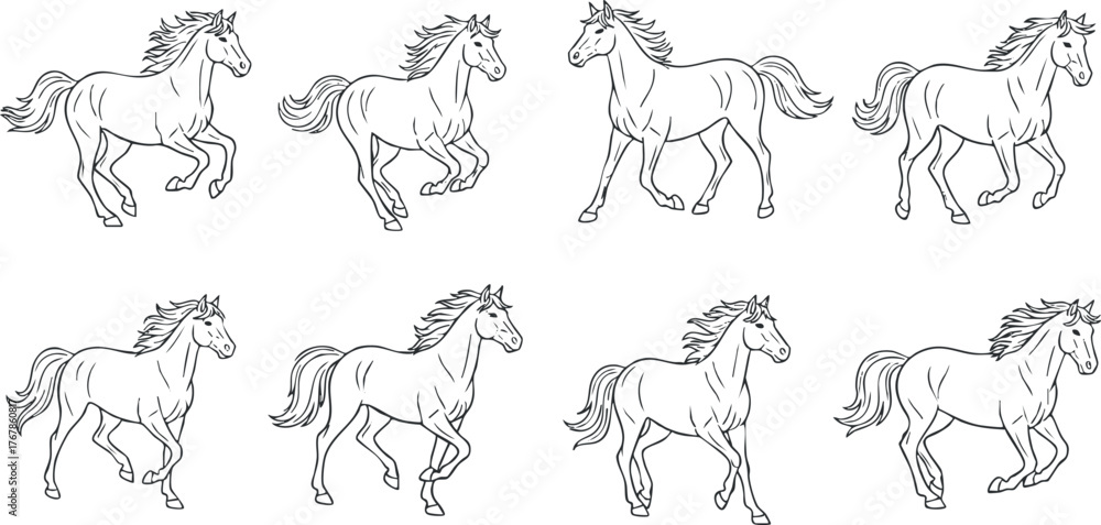 Obraz premium A series of line art sketches depicting horses in various dynamic poses and movements.