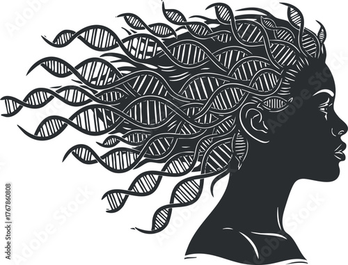 A stylized silhouette of a woman with flowing hair resembling DNA strands, symbolizing genetics.