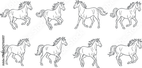 A series of line art sketches depicting horses in various dynamic poses and movements.