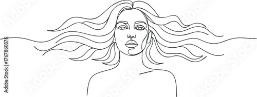 A minimalist line art illustration of a woman with flowing hair and serene expression.