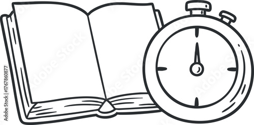 Illustration of an open book next to a stopwatch representing study and time management concepts.
