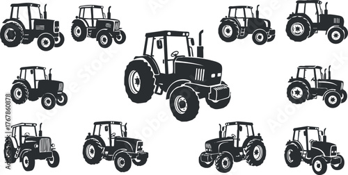 Collection of various tractor silhouettes suitable for agriculture and farming illustrations.