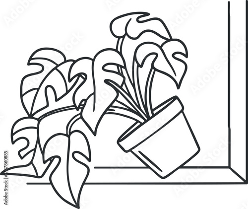 Stylized illustration of a monstera plant in a pot on a windowsill.