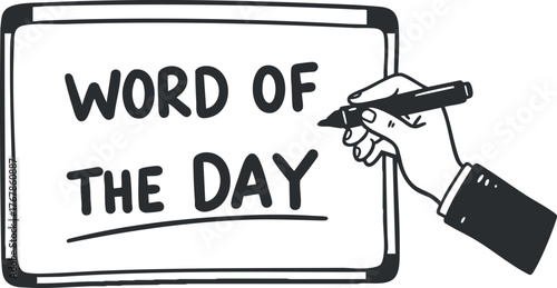 A hand writing the phrase Word of the Day on a chalkboard for educational purposes.