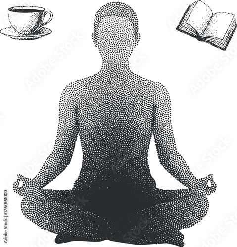 A silhouette of a person meditating surrounded by a cup and a book symbolizing relaxation.
