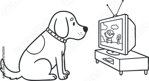 A playful dog watching a cartoon on television in a cozy living room setting
