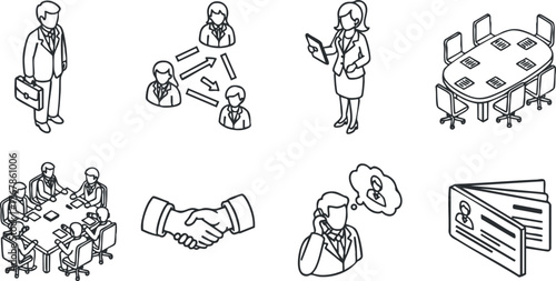 Illustration of various business activities including meetings, teamwork, and professional interactions.