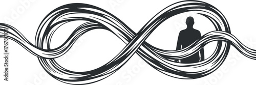 An abstract illustration representing infinity with a silhouette figure and flowing curves.