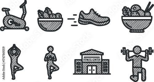 A collection of fitness icons representing exercise, nutrition, and gym activities for health enthusiasts.