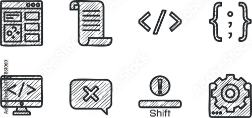 A collection of technology-themed icons representing web design programming and computer functions.