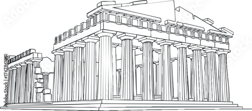Line drawing of the Parthenon, an iconic ancient Greek temple featuring classic columns.
