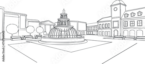 A detailed line drawing of a city square featuring a central fountain and surrounding architecture.