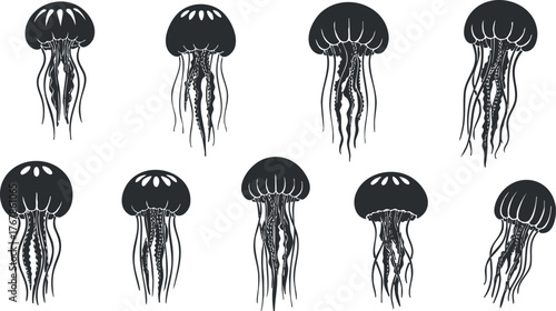A collection of black jellyfish illustrations showcasing various designs and tentacle formations.