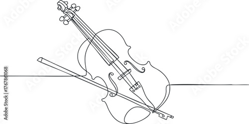 A minimalist line art illustration of a violin and bow showcasing musical elegance and creativity.