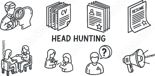 Illustration depicting head hunting and recruitment processes including resumes CVs and interviews.