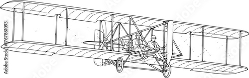 Wright flyer drawing. It is a black and white outline sketch of the historic Wright Brothers' airplane or early aircraft. Vector sketch line art draw.