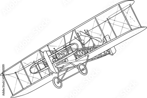 Wright flyer drawing. It is a black and white outline sketch of the historic Wright Brothers' airplane or early aircraft. Vector sketch line art draw.