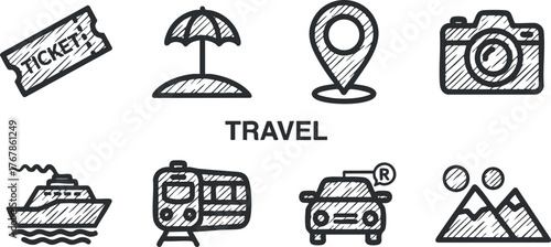 Icons representing travel elements including ticket, camera, location pin, and transportation modes.
