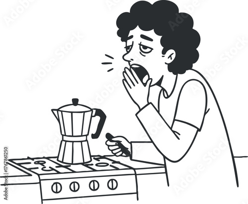 A person waiting for coffee to brew on a stovetop espresso maker in the kitchen.