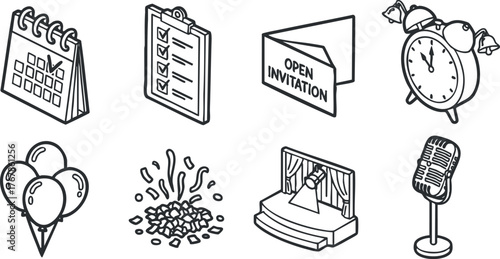 A collection of icons related to event planning including calendar, checklist, and invitation.