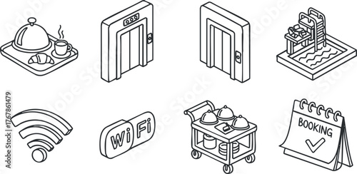 A collection of icons representing hotel amenities including booking, wifi, room service, and check-in.
