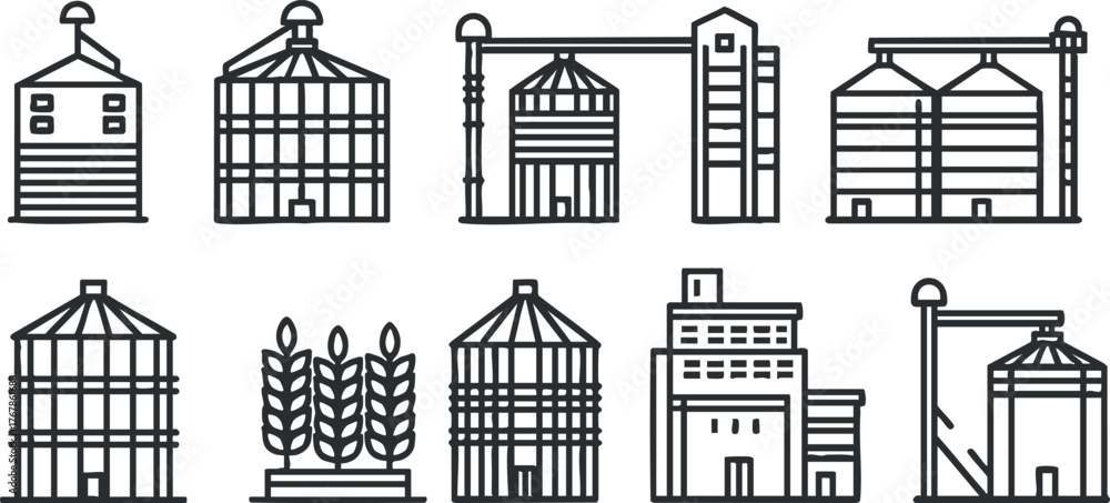 Fototapeta premium Illustration of various agricultural silos and storage buildings in a linear design.