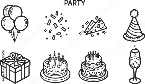 A collection of party elements including balloons cake gift confetti and drinks for celebrations.