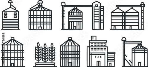 Illustration of various agricultural silos and storage buildings in a linear design.