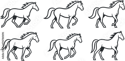 Illustration of horses in various running poses showcasing their movement and grace.