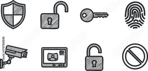 A collection of security and privacy icons representing surveillance, locks, and authentication methods.