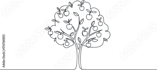 A minimalist outline illustration of a tree with apples and leaves, representing nature and growth.