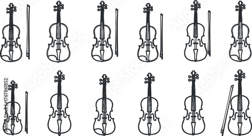 A creative illustration featuring multiple violins arranged in a decorative pattern.