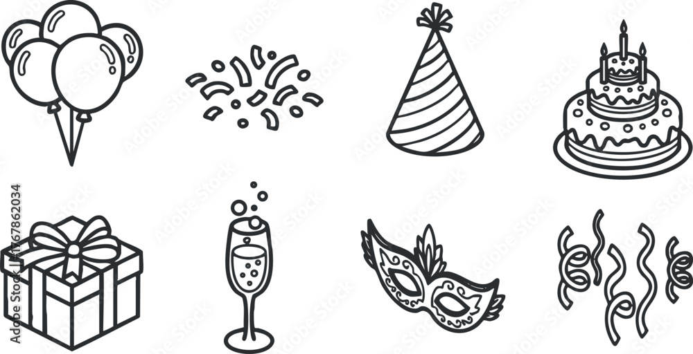 Naklejka premium A collection of doodle style icons representing party elements like balloons, cake, and gifts.