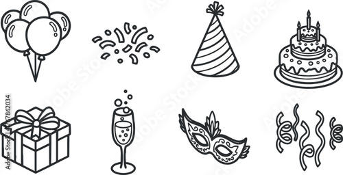 A collection of doodle style icons representing party elements like balloons, cake, and gifts.