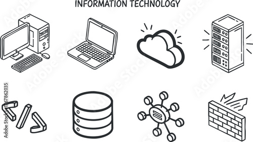 Icons representing various aspects of information technology including computers, cloud, and servers.