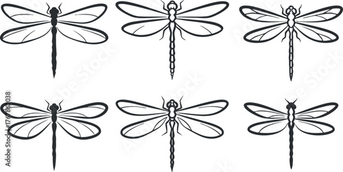 A collection of six stylized dragonfly illustrations in black and white.