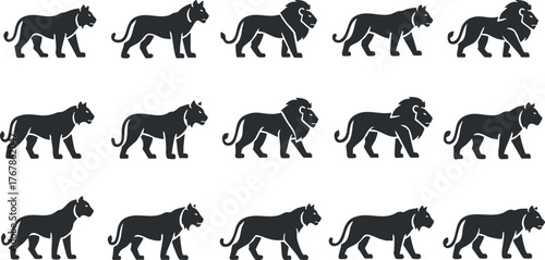 A stylized illustration featuring a repeating pattern of walking lions and cats.