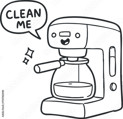 A cute cartoon coffee maker with a smile and a friendly reminder to clean it.