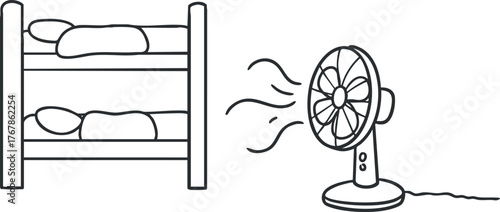 Illustration of a bunk bed and a fan in a cozy bedroom setting for relaxation and comfort.
