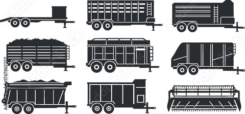Collection of various agricultural trailers and transport vehicles in silhouette style.