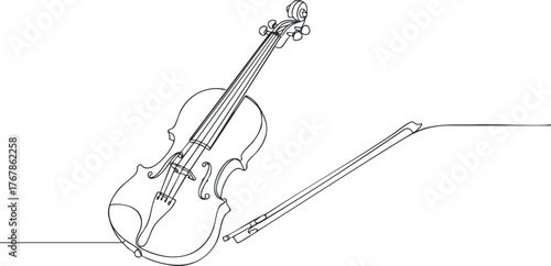 A minimalist line art illustration of a violin and bow, representing musical creativity.