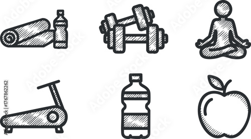 Icons representing fitness activities including yoga, weightlifting, and healthy nutrition choices.