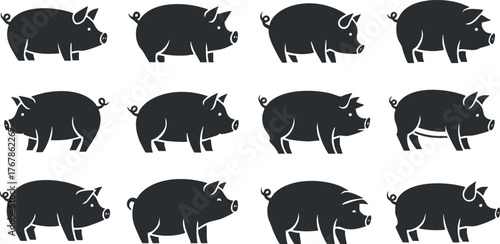 A playful pattern of black silhouetted pigs in various poses on a white background.