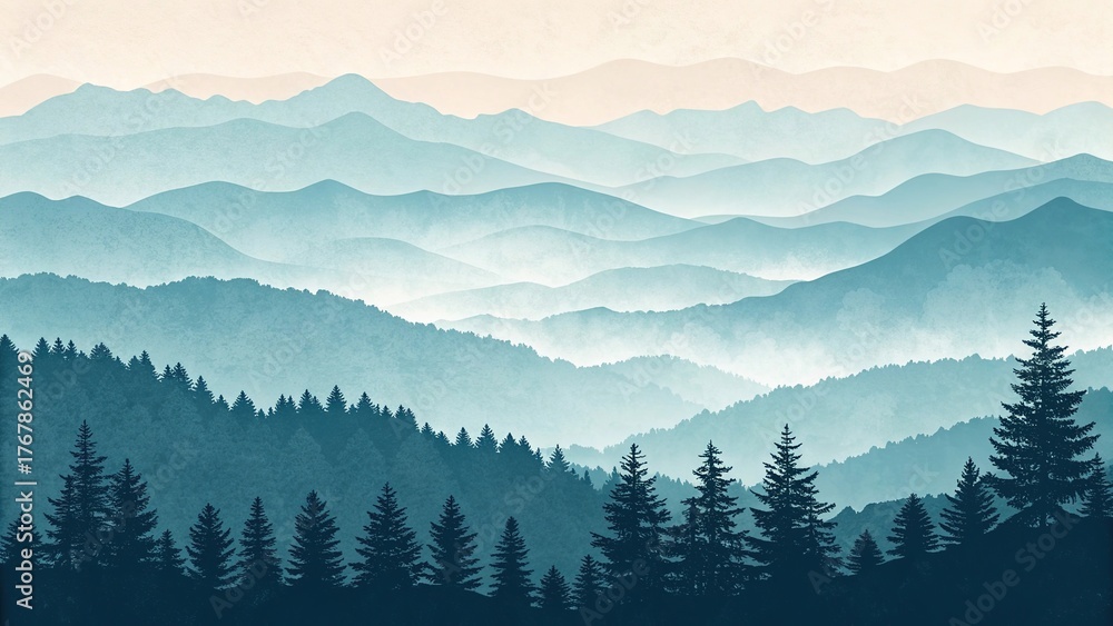 Obraz premium Ink wash gradient landscape depicting serene mountains and forests in calming tones during early morning light