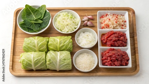 Fresh ingredients arranged beautifully for making traditional sarma in a cozy kitchen setting