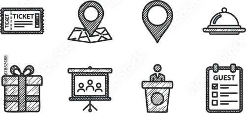 Collection of hospitality and event planning icons including ticket, map, guest list, and more.