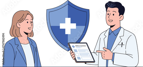 Doctor Explaining Medical Insurance Form on Tablet to Woman with Health Protection Shield and Icons Representing Coverage and Care Access
