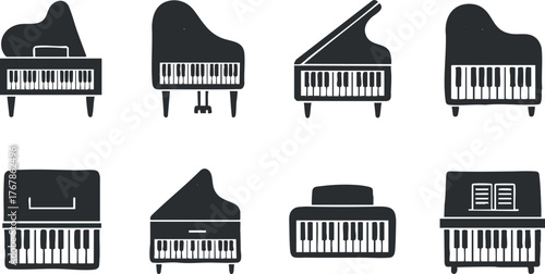 Collection of black and white piano illustrations showcasing various types and styles of pianos.