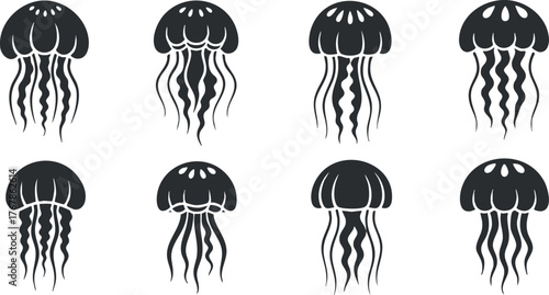 A collection of silhouette illustrations of jellyfish showcasing various shapes and tentacle designs.